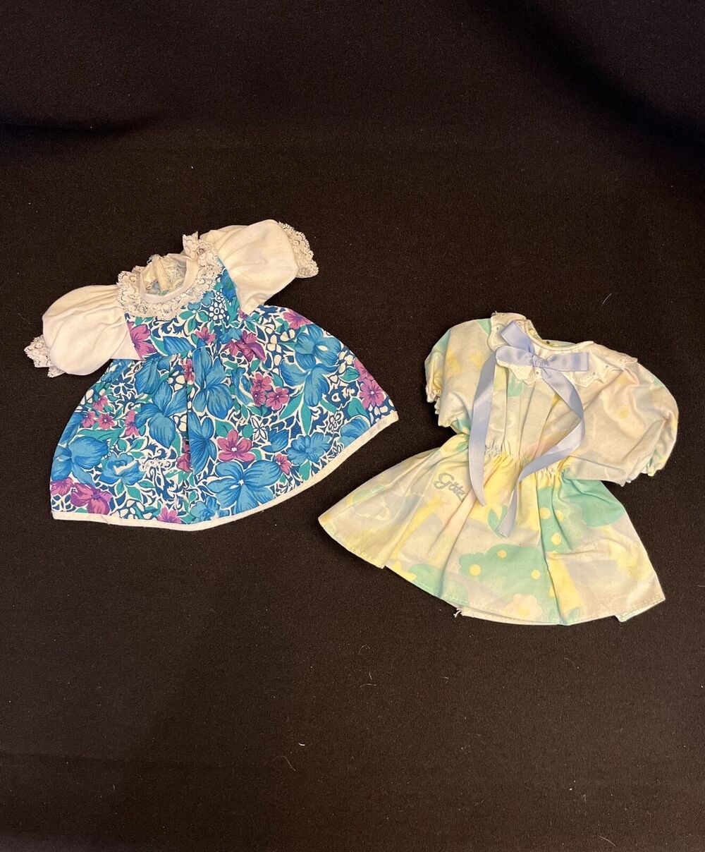 Gotz Set Of 2 Vintage Blue Floral & Green Floral Baby Doll Dresses W/ Gotz Logo